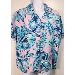 Original Use Tropical Floral Button Up Shirt Pink Blue Rayon XL